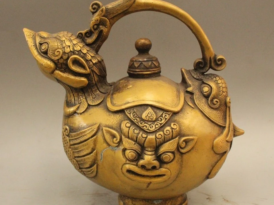 

8" China Bronze Phoenix Bird Dragon Handle Mouse Water Wine Tea Pot Flagon