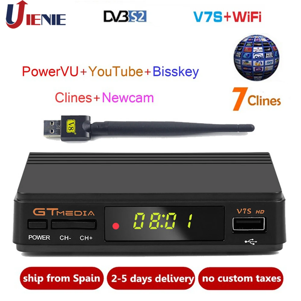 

New GTmedia v7 Upgrade Digital Satellite TV receiver with 1 Year Europe clines Decoder TV Box Full 1080P DVB-S2 V7S HD+USB WIFI