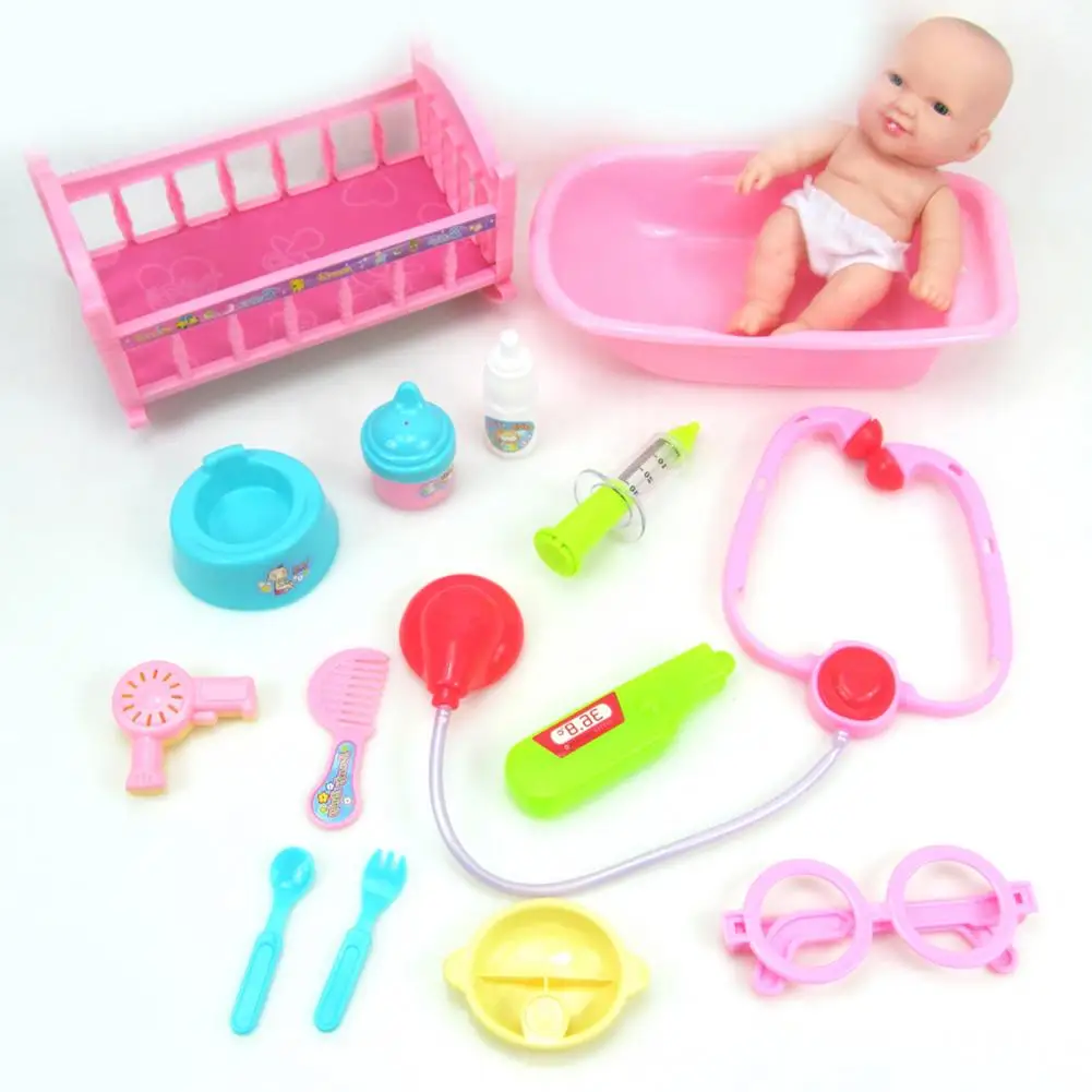 

19pcs Set Children Baby Bath Kit Toys 7 Inch Doll Bath Bed Tableware Medical Tools Play House Shower Party Girl Birthday Gift