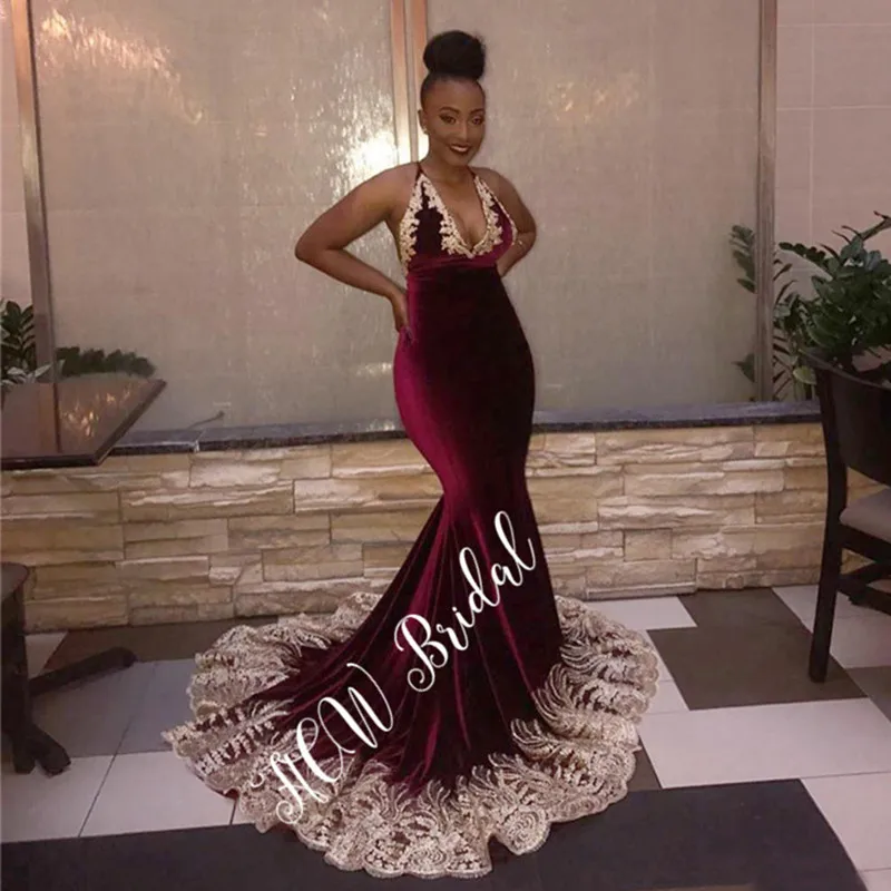 

Gorgeous Burgundy Velvet Mermaid Dress Evening 2019 New V Neck Sweep Train Chic Appliques Backless Long Formal Occasion Dresses