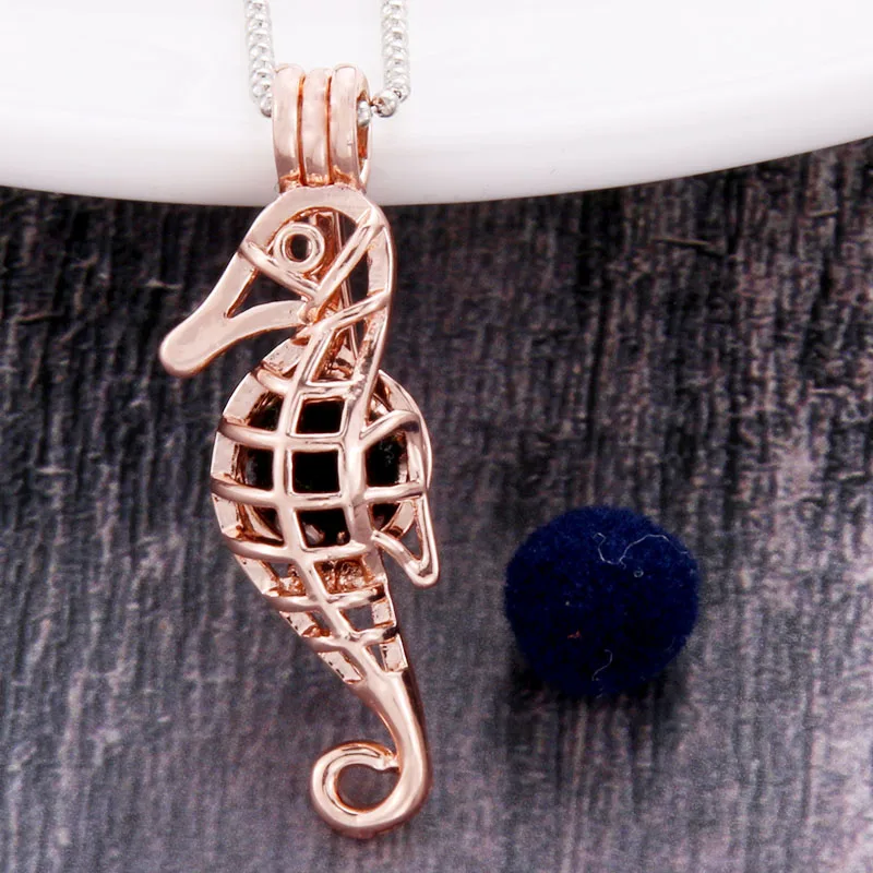 

2Color Hippocampus Pendants Pearl Cage Necklace Locket Vintage Aromatherapy Essential Oil Diffuser Chain Locket For Girl Charm