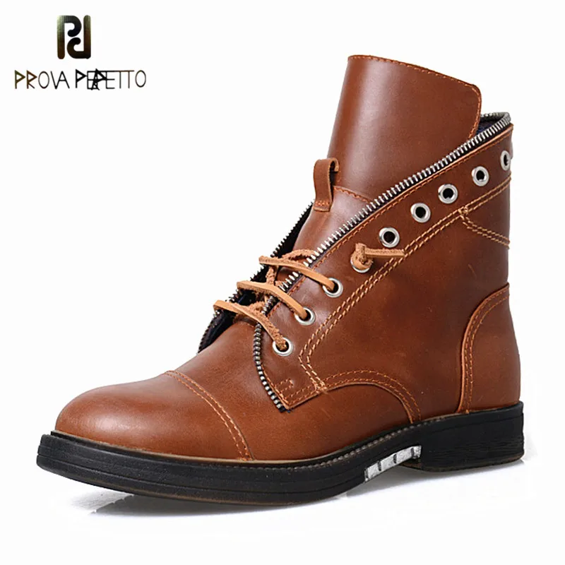 

Prova Perfetto Neutral Design England Style Cow Genuine Leather Patchwork Chelsea Boots Thickness Bottom Lace Up Leisure Boots