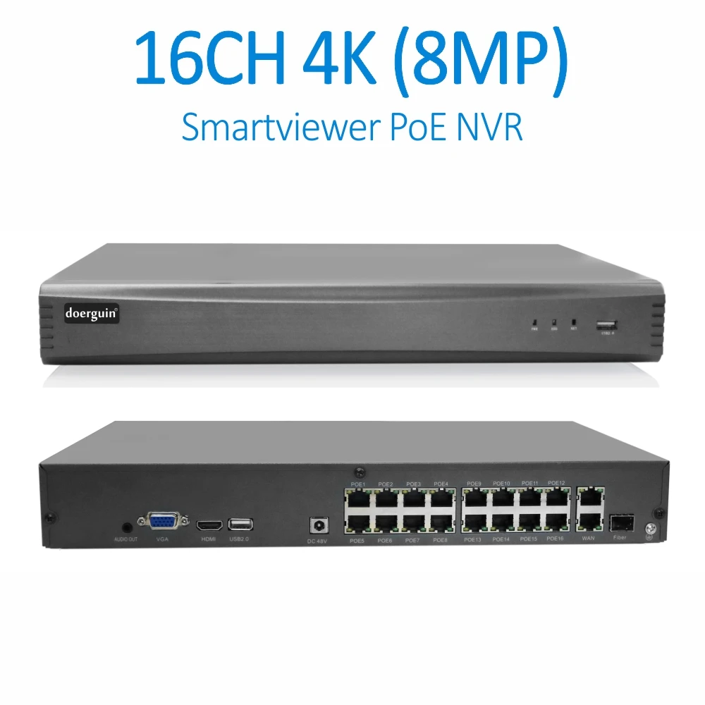 Doerguin 16CH 4K 8MP PoE NVR Smartviewer APP поддержка H.265 фотосовместимость с жестким диском на 10 ТБ