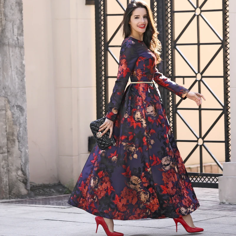 Image Plus Size S 3XL New Designer Maxi Dress Party Women Long Sleeve full length Gorgeous Floral Jacquard Long Autumn Winter Dress