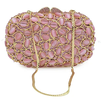 Luxury Gold Metal Pink Rhinestone Evening Clutch Bag Hollow Out Women Party Purse Dinner Handbags Fashion Ladies Shoulder Bag 1