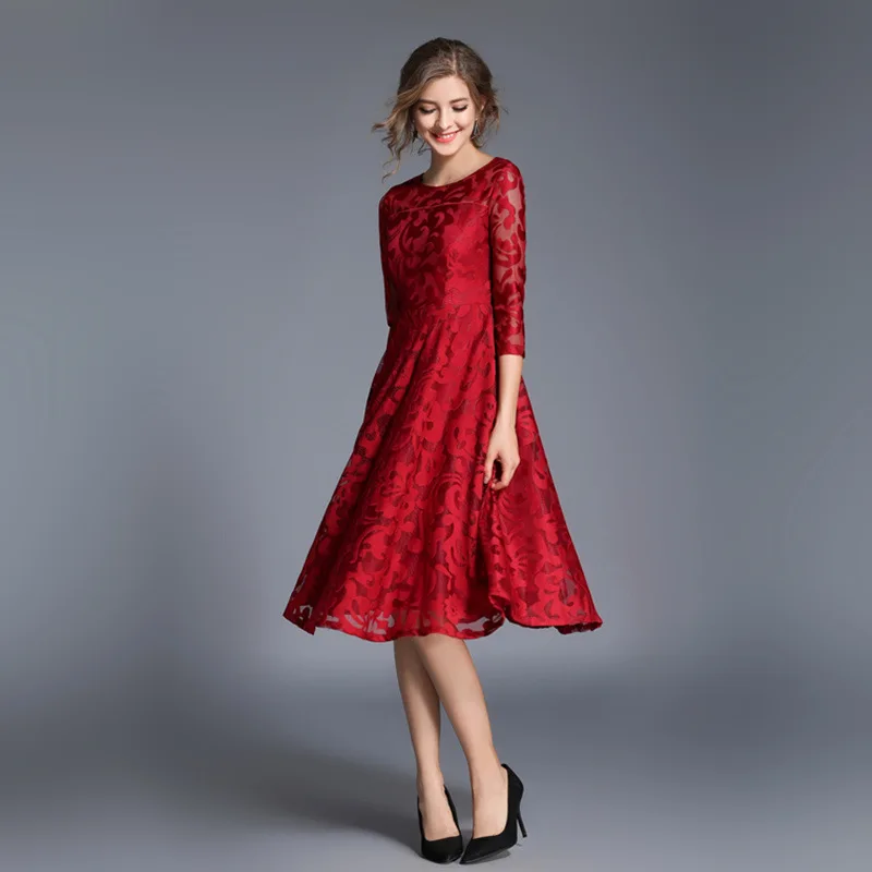 

Lace Dress 2019 Vestido Slim A-line Casual Sweet Women Dresses Long Lace Bowl Hollow Out O-Neck Autumn and Winter Dresses