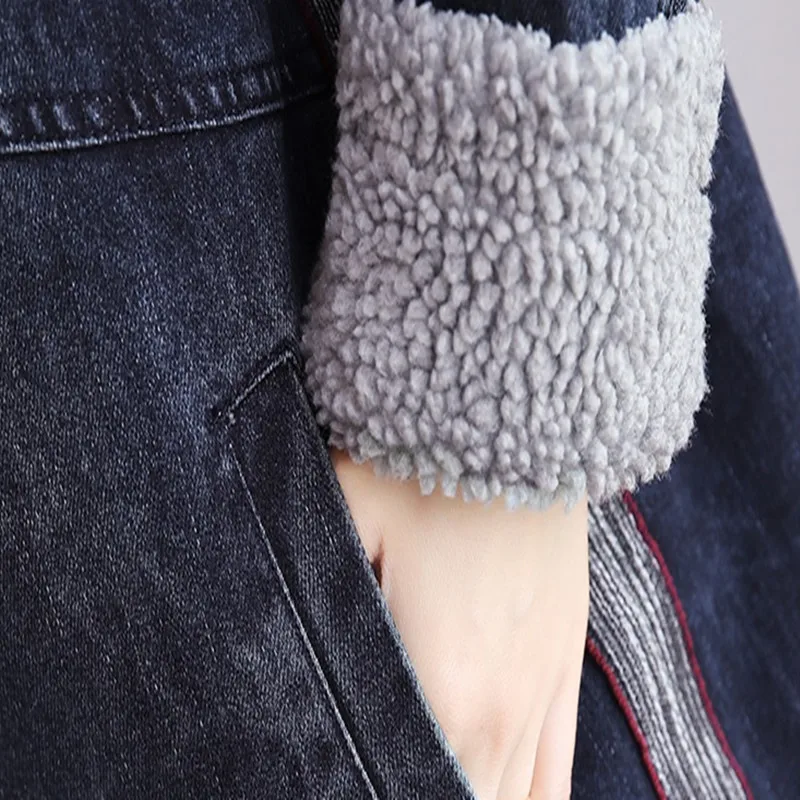 Новое осенне-зимнее женское пальто размера плюс, модное свободное тонкое плотное джинсовое пальто из хлопка с воротником лисы для женщин, большая Джинсовая Верхняя одежда