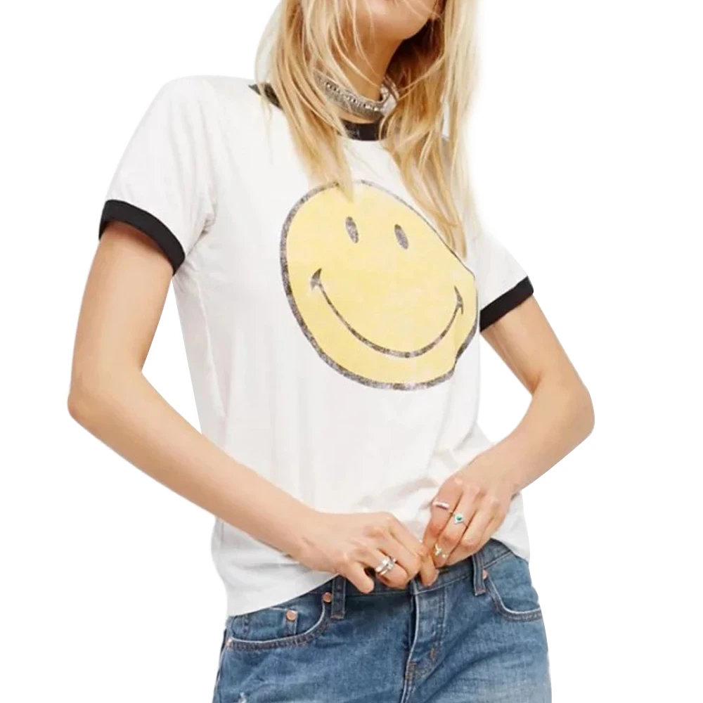2019 تي شيرت النساء ابتسامة طباعة الربط تي شيرتات قصيرة الاكمام الصيف الإناث س الرقبة تي شيرت عارضة الأبيض السيدات قمم المحملة