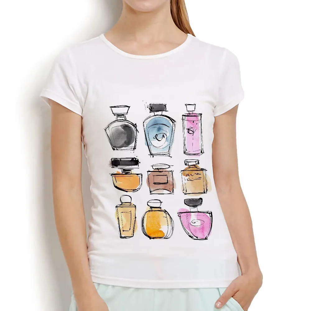 perfume bottle Watercolor cute tshirt women summer new white casual