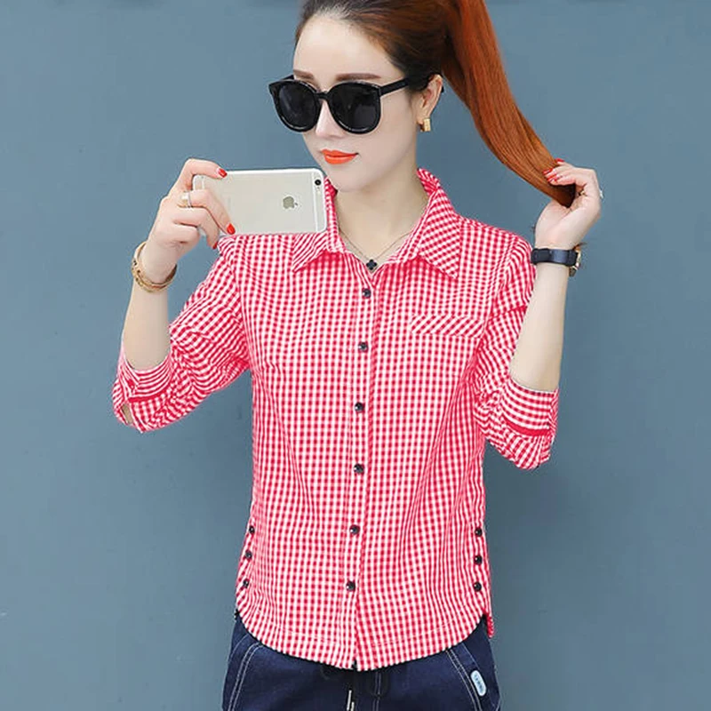

New Chic Early Autumn Checker Long Sleeve Shirt Women's Bottom Women's Shirt Top blouse Office Regular Full Button Plaid DD2257