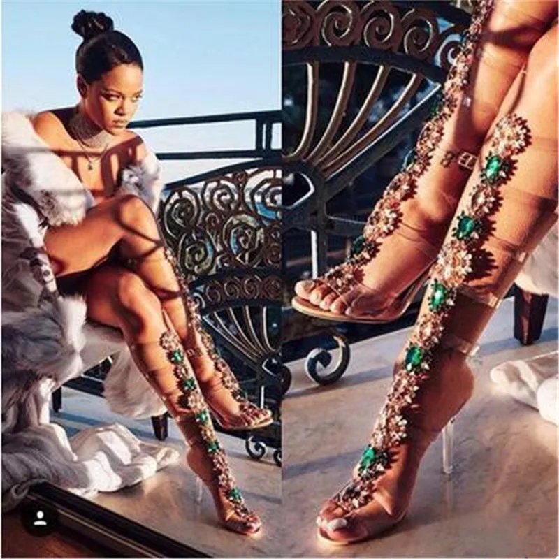 

Hot Women Shoes Gemstone Diamond PVC Transparent Belt Strap Bohemia Sandalias Knee-High Boots Ladies Sexy Gladiator High Heels