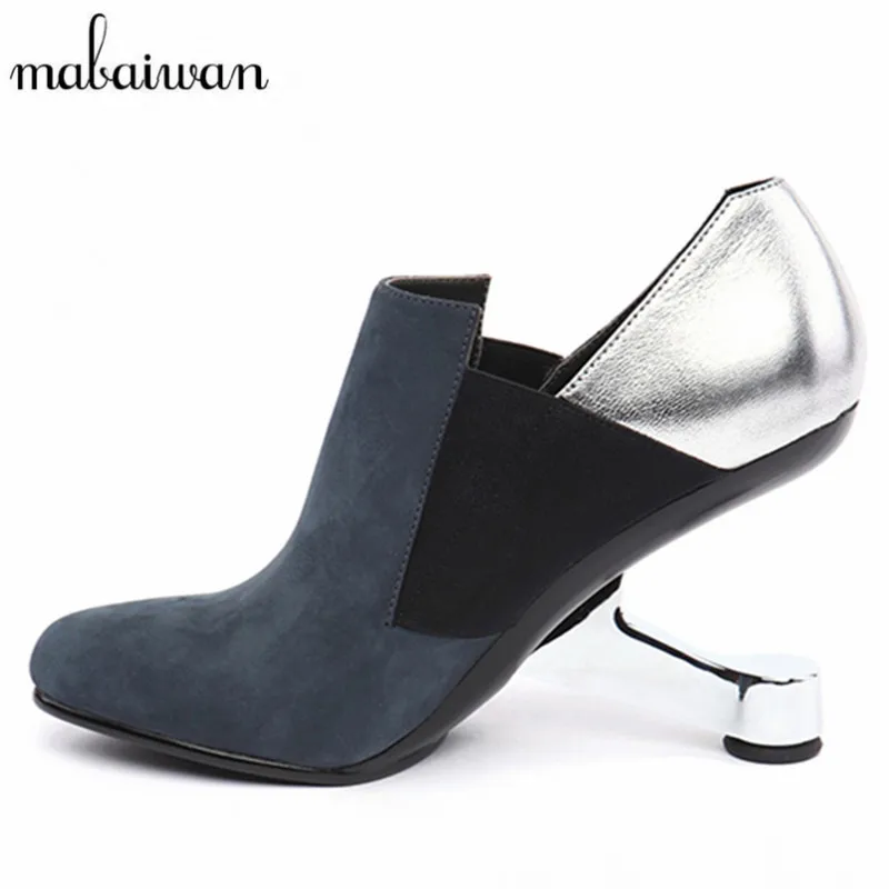 Strange Heel Women Ankle Boots Genuine Leather Bota Feminina Mixed Color Botas Mujer High Heels Women Pumps Wedge Shoes Woman