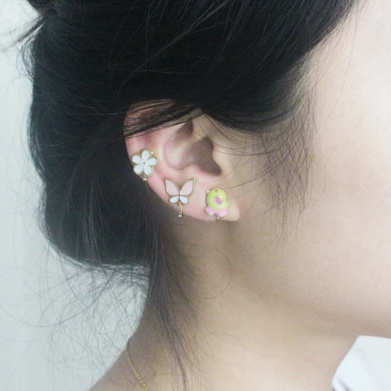 

1pcs Cute Flower Chicken Butterfly Earrings For Women Cartoon Mini Enamel Animal Plant Ear Cuff For Kids Gifts Clip On Earrings