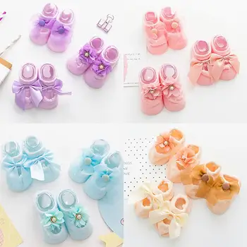 

3 Pairs Anti-slip Toddler Infant Baby Socks Girl Lace Ribbon Flower Children's Floor Socks Cotton Size for 0-3 years#135