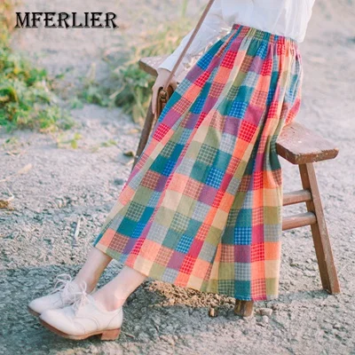 Mferlier-Literature-Vintage-Women-Autumn-Skirts-Red-Blue-A-Line-Elastic-Waist-Draped-Cotton-Linen-Plaid