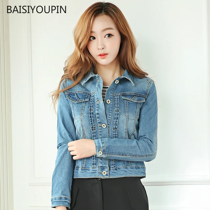 

Plus Size 2019 Autumn Long Sleeve Slim Denim Jacket Women Korean Preppy Style Solid Elasticity Single Breasted Short Denim Coat