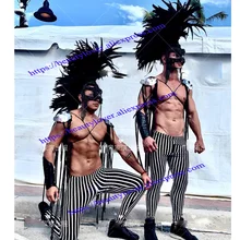 Сексуальные Черно-белые полосатые мужские костюмы gogo, мускулистый мужской костюм, головной убор с черными перьями, одежда для подиума