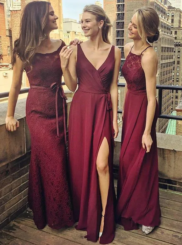 Mixed Style Burgundy Long Bridesmaid Dresses 2019 Cheap V neck Lace