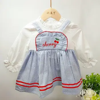 

2019 Autumn New Girls Vintage Sweet Cute Princess Dress Plaid Spliced Embroidery Dress Modis Kids Clothes Vestidos Y1811