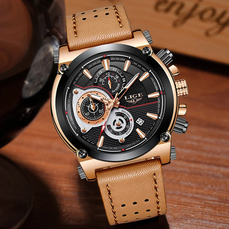  2018 LIGE Mens Watches Top Brand Luxury 24 hour Date Quartz Watch Man Leather Big dial Sport Wrist Watch Men Waterproof Clock