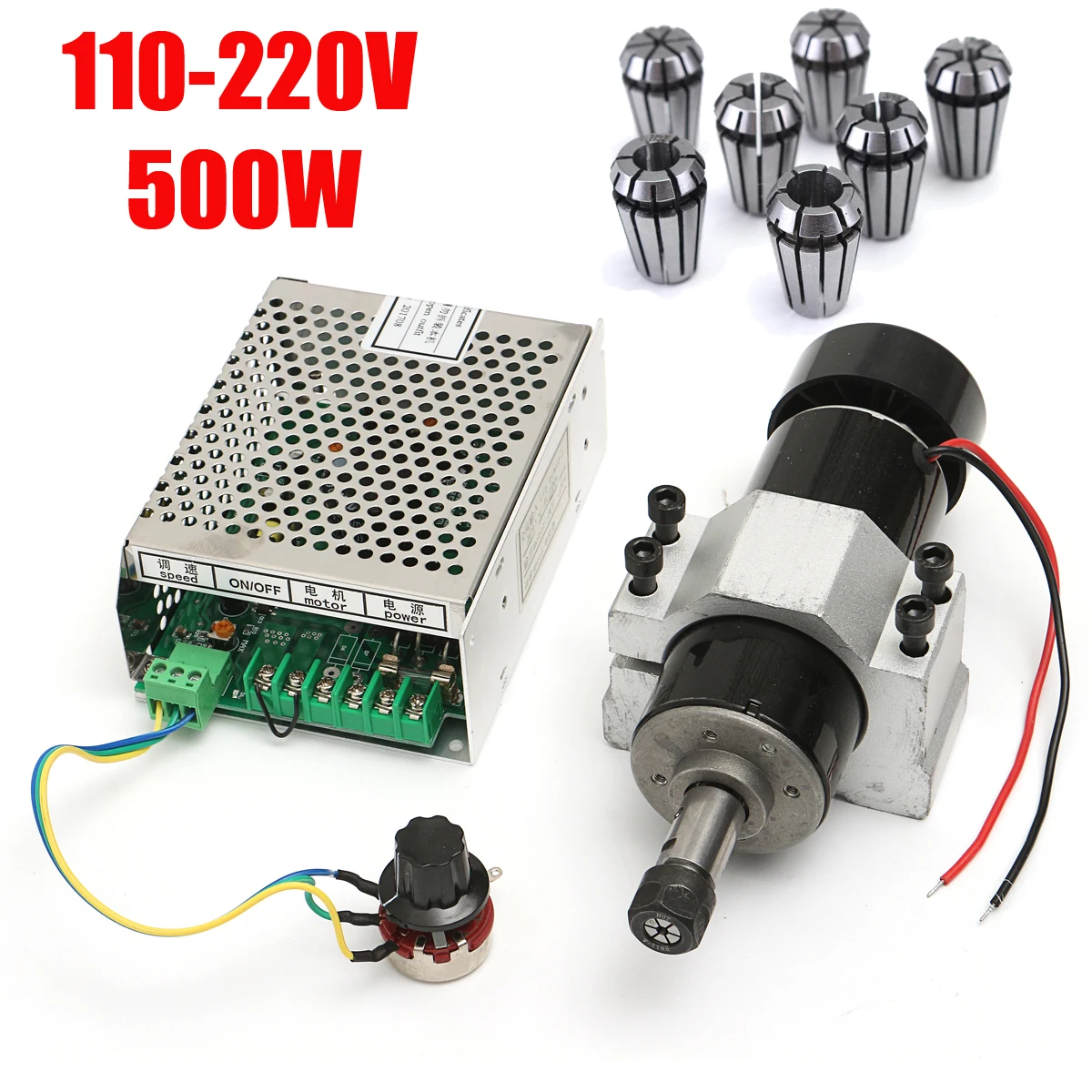 

500W Air Cooled CNC Spindle Milling Motor 0.5kw With Spindle Speed Power Converter + 7Pcs ER11 Precision Spring Chuck Collet Set