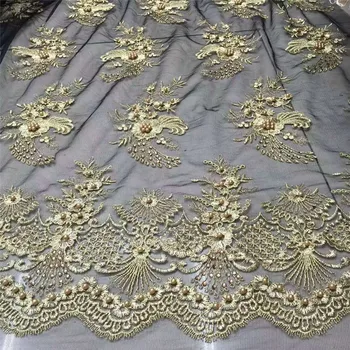 

French lace latest 2017 high quality 3D applique flower lace fabric for gold bridal beaded lace fabric for dress