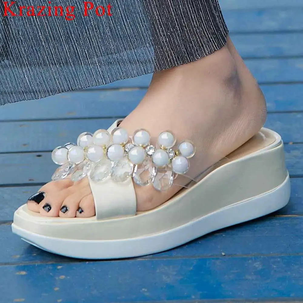 

Krazing Pot concise style wedges med bottom peep square toe slip on mules beading crystals decoration platform dating shoes L12