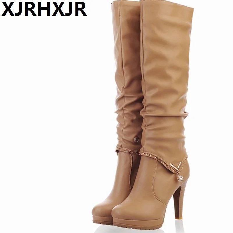 

Plus Size 34-43 Hot 2018 Autumn Winter Knee High Boots Women Motorcycle Boots Two Way Wear High Heels Soft PU Leather Shoes