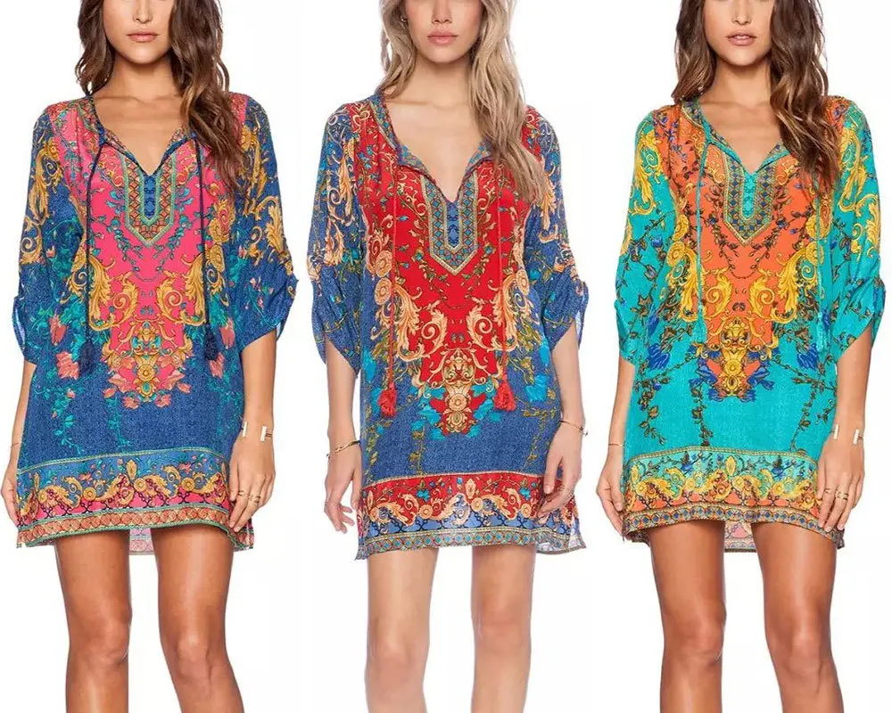 Женское платье с цветочным принтом V образным вырезом и рукавом до локтя|boho