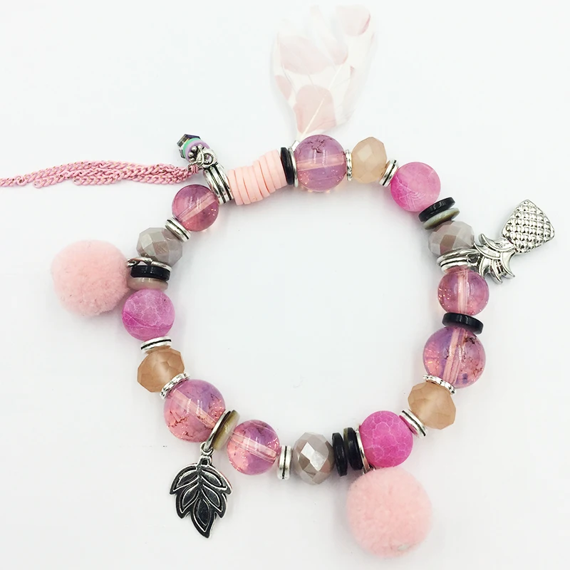 

1pcs Vintage Boho Charm Bracelets Bangle Women rhinestone pom pom leave feather pinapple lcrystal Bead Bracelet Jewelry unique