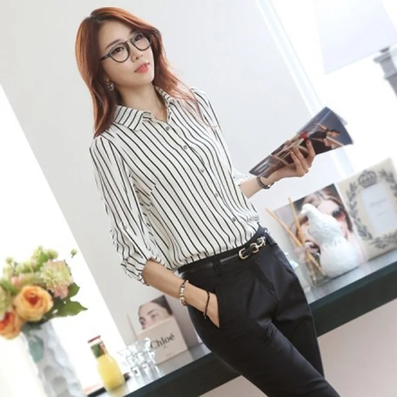 الأزياء جديد بلوزة حريمي OL السيدات كم طويل ابيض شريط أسود بلوزة المرأة ضئيلة قميص CX17