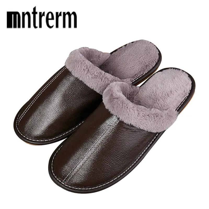 

Mntrerm Men 's Slippers Winter Plush Warm Genuine Leather Home Indoor Non-Slip Thermal Slippers 2018 New Hot Large Size Shoes