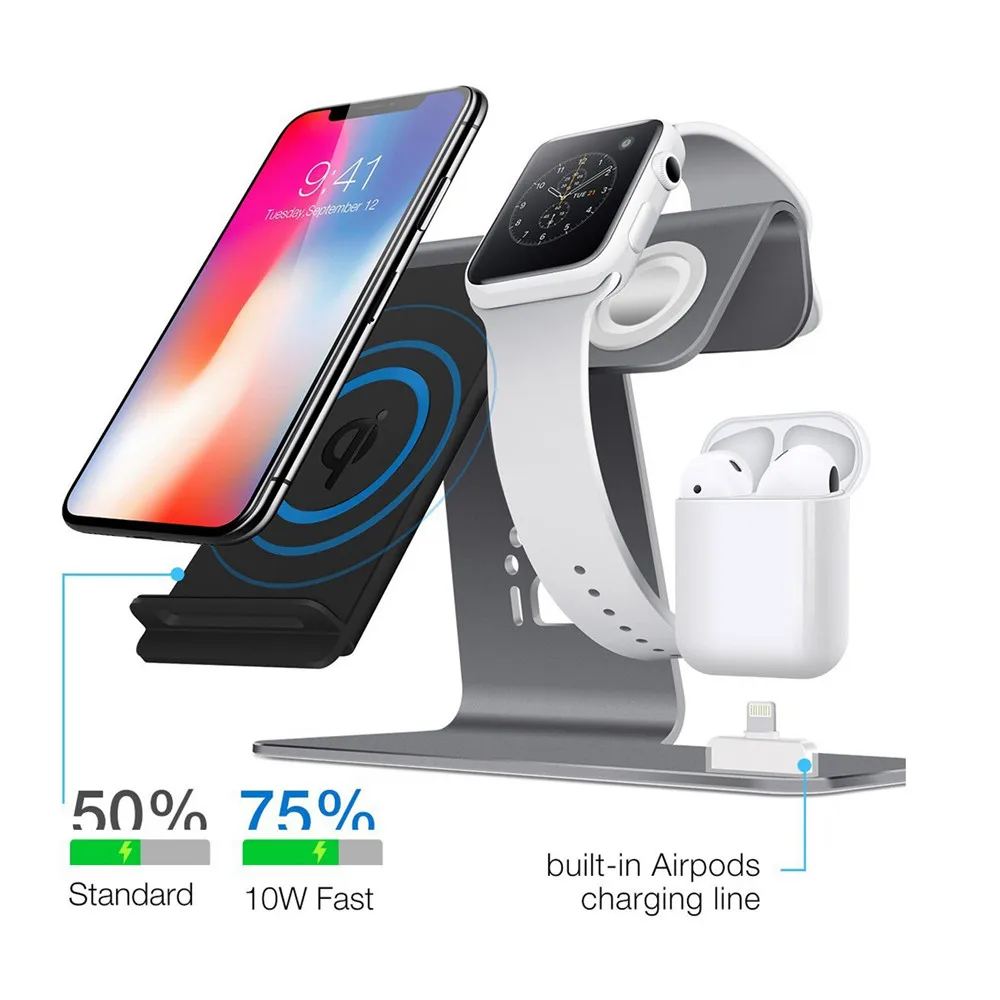 

Wireless Fast Charger Stand Dock Pad for iPhone X / 8 8plus 3 in 1 Charging Stand for Apple Watch For AirPods Charging Station