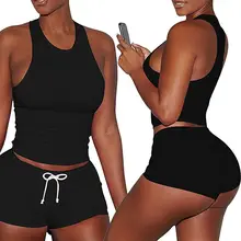 Женский комплект спортивной одежды из 2 предметов, майка для занятий йогой и фитнесом, укороченные топы и шорты, летняя женская одежда для бега