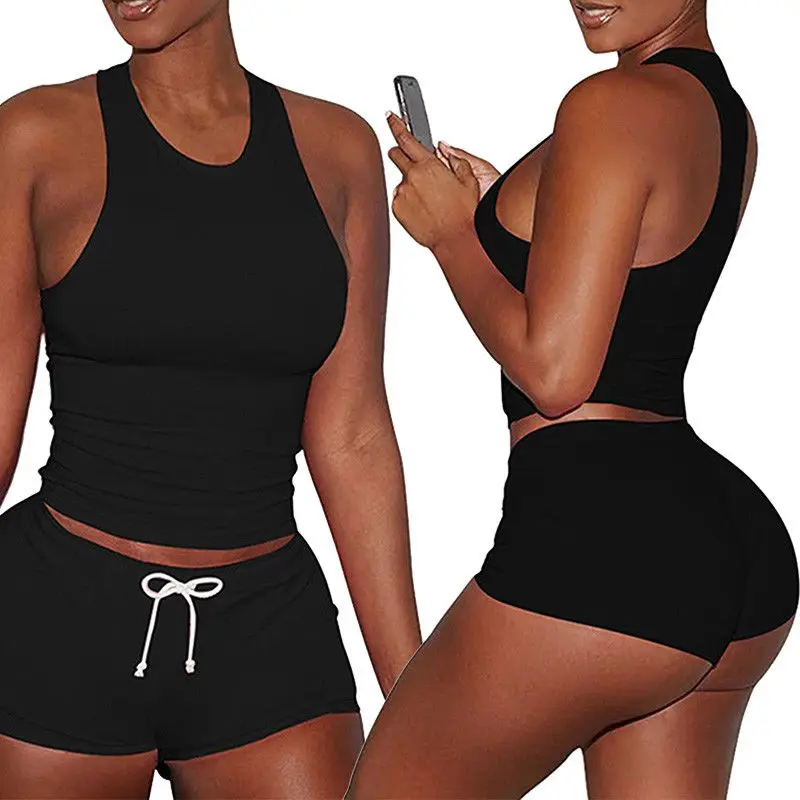 

2Pcs Women Sports Clothes Set Gym Yoga Vest Fitness Tank Crop Tops Shorts Workout Outfit Summer Women Running Clothes