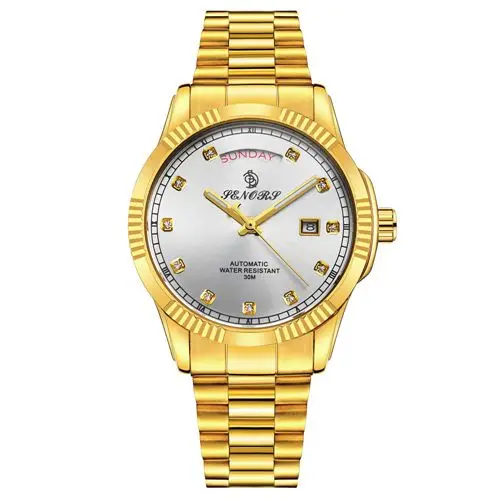 Gold white SENORS Роскошные Мужские автоматические механические часы с двойным календарем, деловые золотые часы, мужские наручные часы - Цвет: Gold white