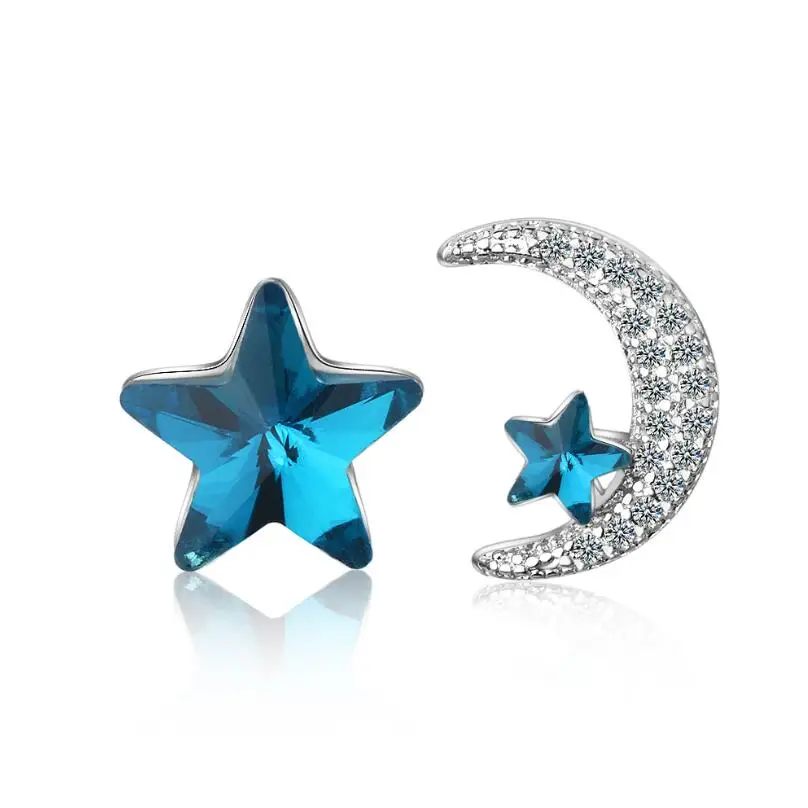 

New Blue Crystal Star Moon Asymmetry Zircon Earrings For Women Trend Creative 925 Sterling Silver Jewelry Gift Brincos SAE192