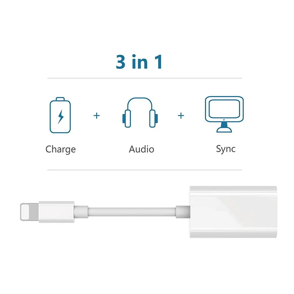 Dual Lightning Aux Adapter Splitter for iPhone X 8 8 Plus 7 7 Plus 6 Headphone Audio Sync Data Charging Adapter for Apple Phone