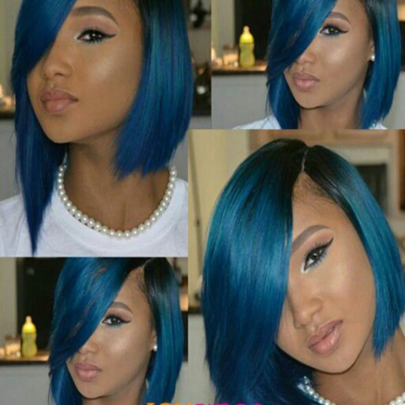 Cheap Bob Lace Front Wig Ombre Black Blue Bob Human Hair 