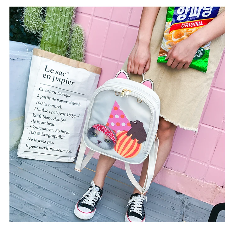 Lovely Cat Ear Leather Backpacks Candy Color Transparent Bag Teenage Girls Travel Bakpack Children Shoulder Bags School Itabag