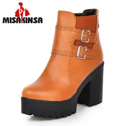 MISAKINSA размеры 33–45 Для Женщин Половина полусапожки в стиле ретро ботинки на платформе с высоким каблуком Толстая обувь на меху Для женщин