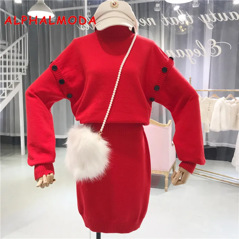 

ALPHALMODA Turtle Neck Long Sleeved Loose Sweater Skirt Suits Casual Buttons Drop Shoulder Wrap Hip Skirt Women Winter 2pcs Set