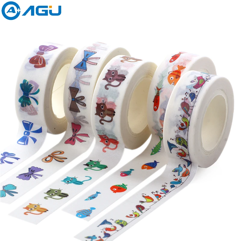 AAGU 1PC 15mm*10m Cute Bowknot Bird Fish Pattern Adhesive Washi Tape Decorative Planner Scrapbooking Photo Paper Masking | Канцтовары