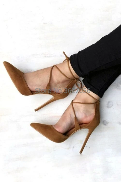 

Pointed Toe Suede Cross Tied Lace Up Thin High Heel Shoes Red Black Grayness Brownness Nubuck Casual Women Pumps