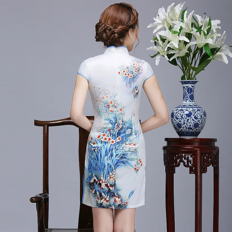 Традиционный китайский атласное платье Для женщин Мини Cheongsam Размеры S до 2XL