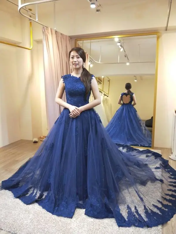 Vintage Navy Blue Evening Dress A Line Lace Applique Cap Sleeve Court Train Cheap Gown robe de soiree abendkleider 2019 | Свадьбы и