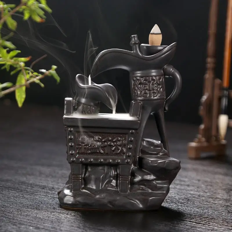 

Chinese Ding Ancient Wine Glass Smoke Waterfall Backflow Incense Burner Literal Carving Retro Ceramic Censer Home PorcelainDecro