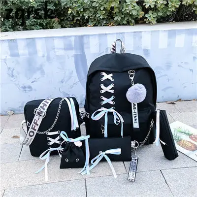 sets black Цепь USB рюкзак Для женщин Холст 5 шт./компл. Для женщин рюкзак для девочек-подростков рюкзаки сумки через плечо женские школьные сумки с кисточками - Цвет: sets black