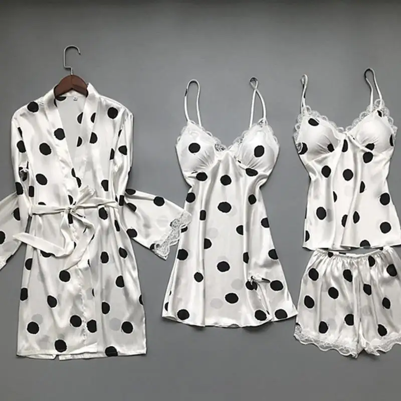 

Sexy Dot Pajamas Set Women Sexy Pyjama Summer Student Pjs Mom Homewear Shorts Robe Sling Vest 4 Piece/Set Fashion Sleepwear