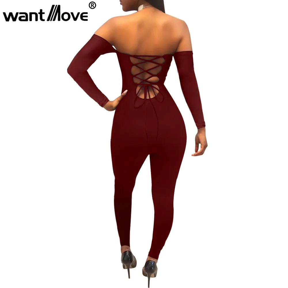 Wantmove 2018 women jumpsuit off the should full sleeve back lace up womens jumpsuits and rompers sexy club bodysuit JZ072